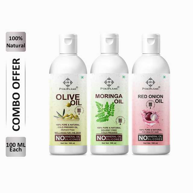 PuriFlame Pure Olive Oil (100 ml) & Moringa Oil (100 ml) & Red Onion Oil (100 ml) Combo For Rapid Hair Growth (Pack Of 3) (B-6241)