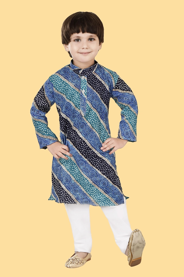 Cotton Blend Printed Kurta with Pyjama for Boys (Blue & White, 3-4 Years)