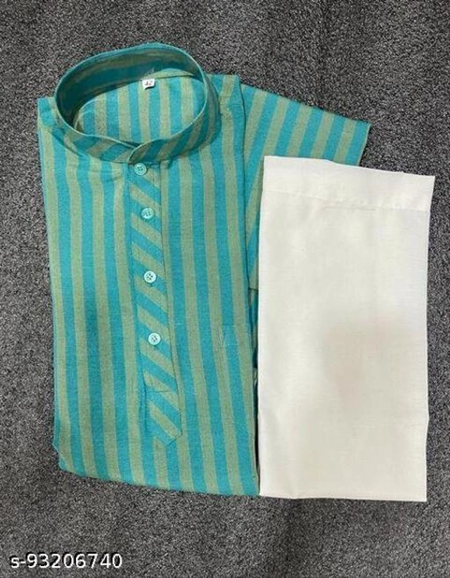 Khadi Cotton Printed Kurta with Pyjama for Men (Sea Green & White, S)