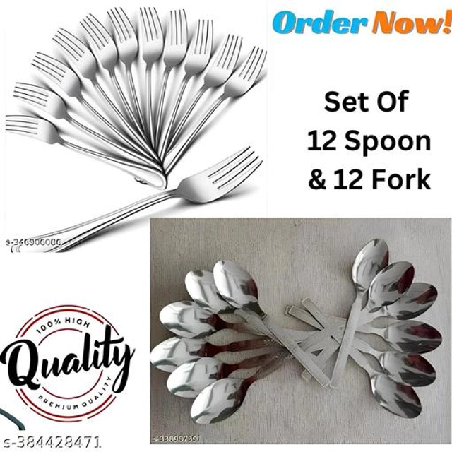 Stainless Steel 12 Pcs Spoons with 12 Pcs Forks (Silver, Set of 2)