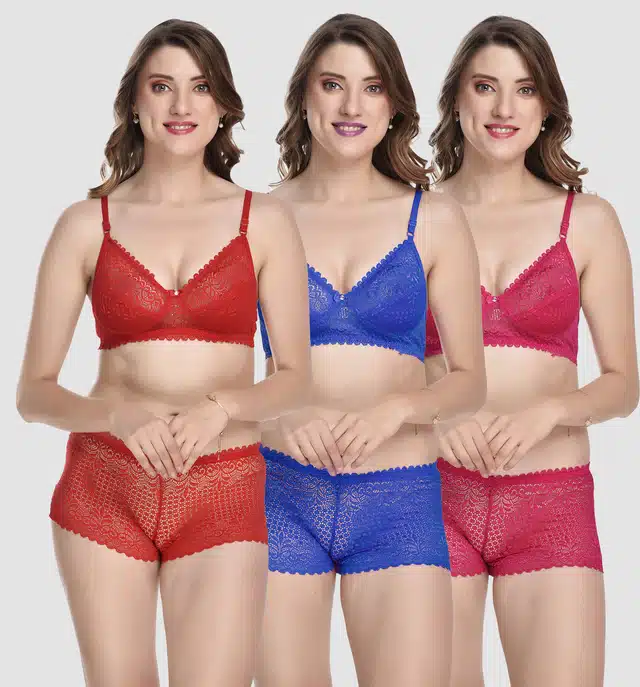 Women's Bra and Panty Set (Multicolour, 30) (Set of 3) (F-2166)