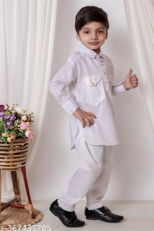 Cotton Solid Kurta with Pyjama for Boys (White, 2-3 Years)