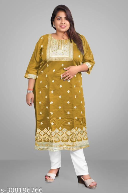 Chanderi Cotton Embroidered Kurti with Pant for Women (Mustard, XL)