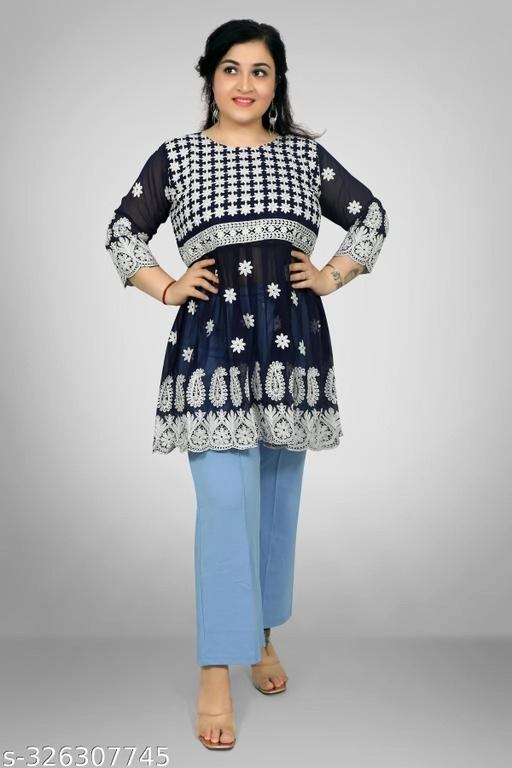 Georgette Chikankari Top for Women (Navy Blue, XL)