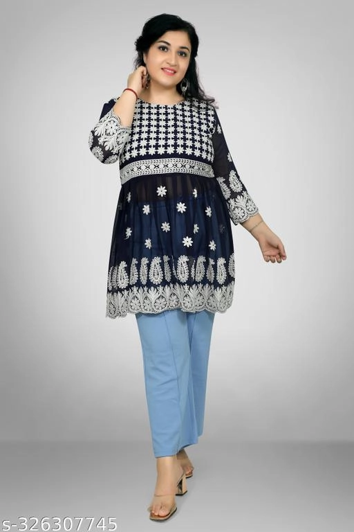 Georgette Chikankari Top for Women (Navy Blue, XL)