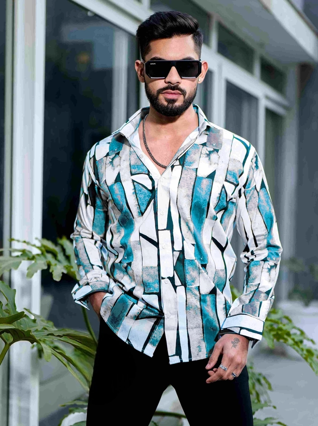 Full Sleeves Printed Shirt for Men (Green & White, S)