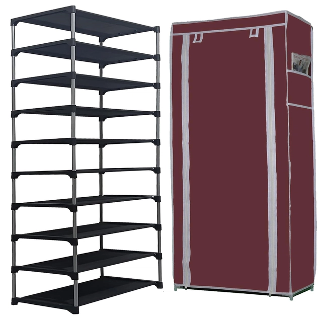 Metal 9 Layer Collapsible Shoe Rack (Maroon)