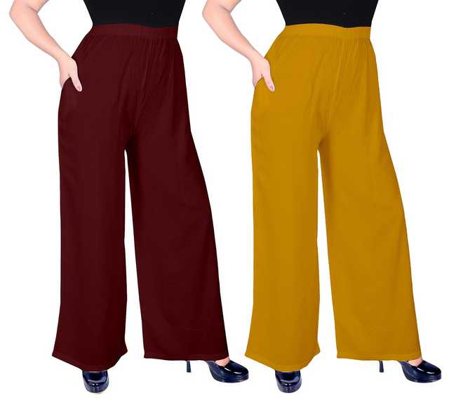Mevaba Casual Viscose Blend Women Solid Palazzo (Pack Of 2, Maroon & Mustard) (SS-247)