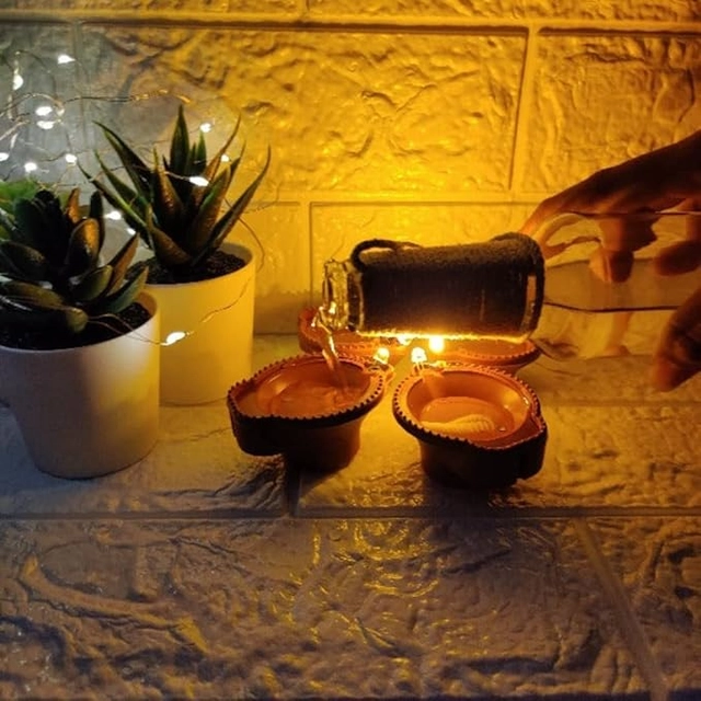 Plastic Traditional Water Sensor LED Diya for Diwali (Brown, Pack of 12)