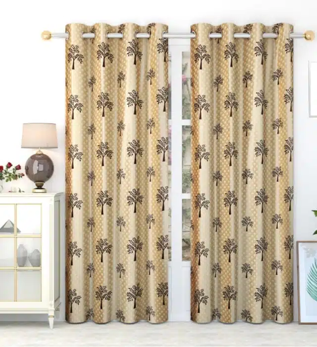 Polyester Printed Window & Door Curtains (Pack of 2) (Brown, 5 feet)