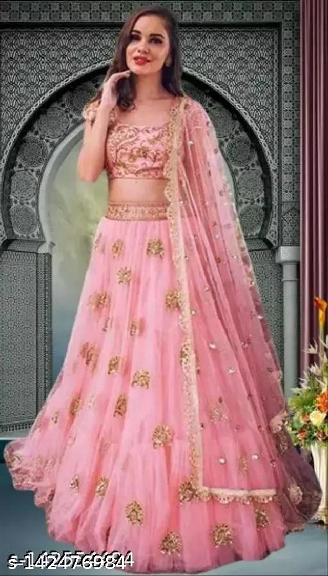 Net Lehenga with Choli & Dupatta for Women (Pink, Free Size)