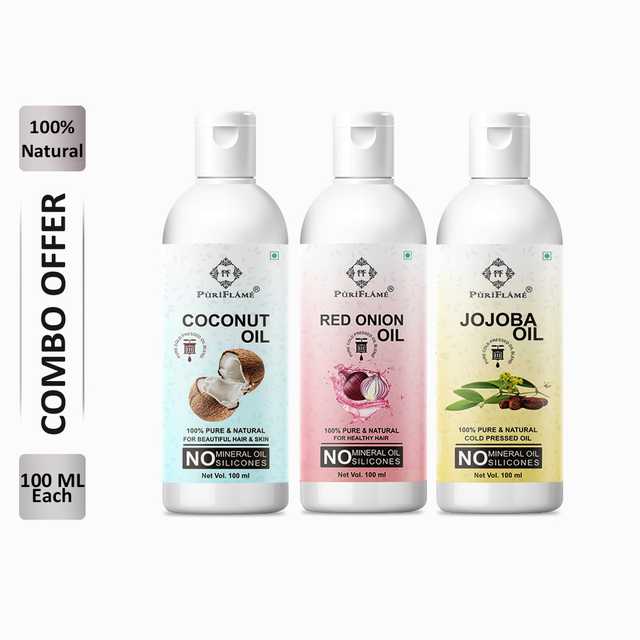 PuriFlame Pure Coconut Oil (100 ml) & Red Onion Oil (100 ml) & Jojoba Oil (100 ml) Combo For Rapid Hair Growth (Pack Of 3) (B-3898)