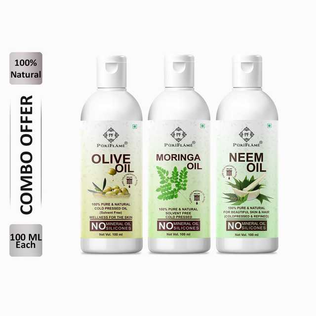 PuriFlame Pure Olive Oil (100 ml) & Moringa Oil (100 ml) & Neem Oil (100 ml) Combo For Rapid Hair Growth (Pack Of 3) (B-6239)