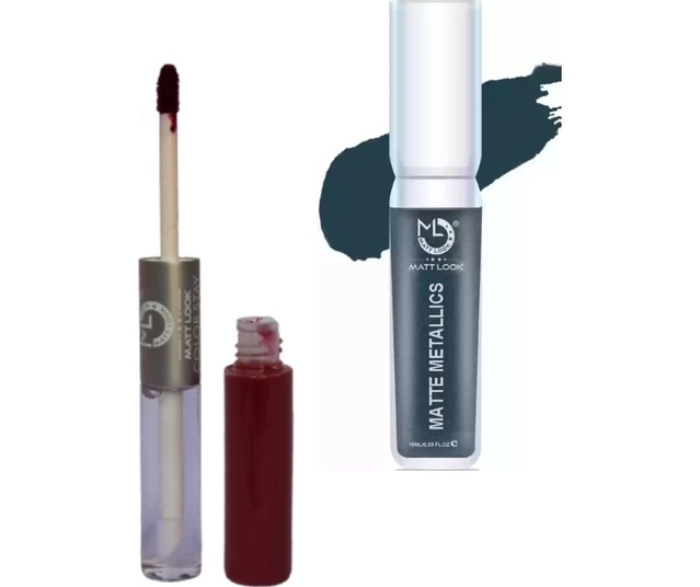 Combo of Matt Look Metallic Liquid Lip Colour with 2-in-1 Lipstick cum Lip Gloss (Dark Grey & Maroon, Set of 2)