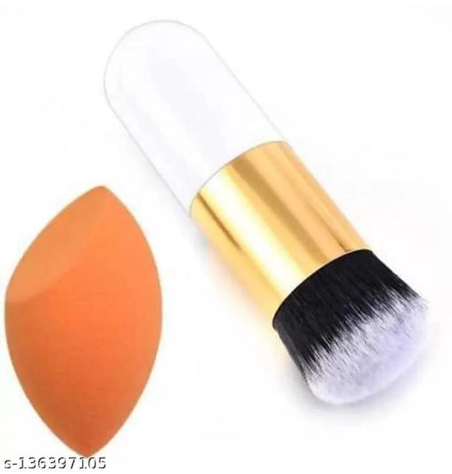 Foundation Makeup Brush with Sponge Puff (Multicolor, Set of 2)