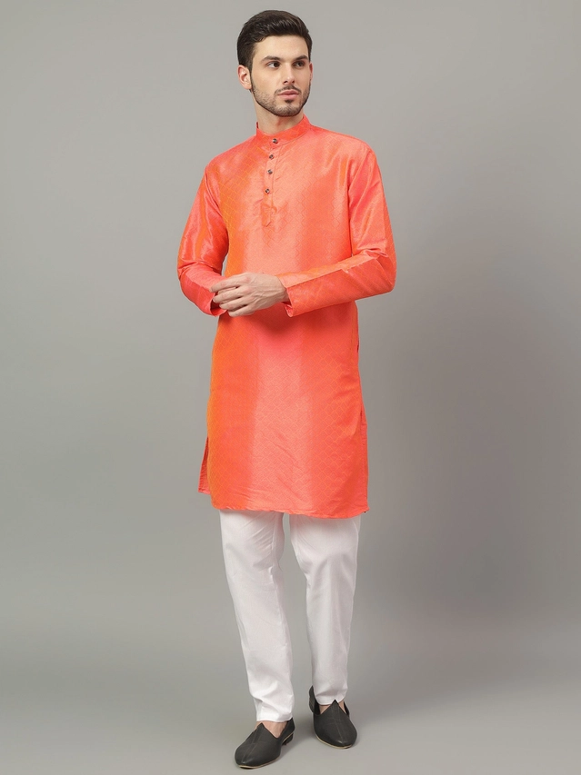 Jacquard Solid Kurta with Pant for Men (Orange, S)