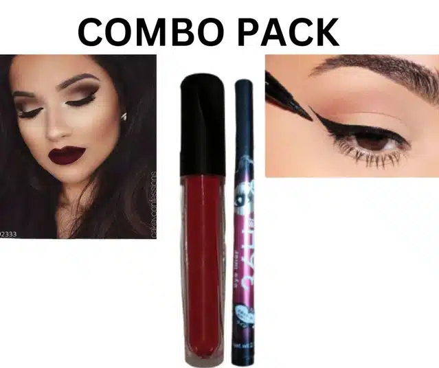 Matte Liquid Gloss with Long Lasting Waterproof Eyeliner (Maroon & Black, Pack of 2)