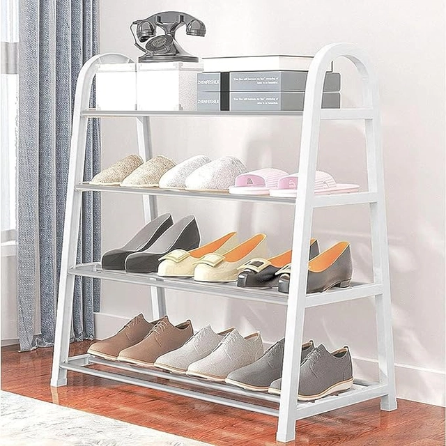 Tier Shoe Rack Detachable Open Book Shelf Metal Storage Holder Organizer Stand For Home Office (A Shape/White/4 Layer/62X27.5X54Cm)