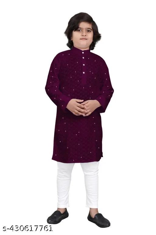 Rayon Embroidered Kurta with Pyjama for Boys (2-3 Years, Wine)