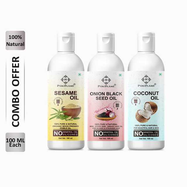 PuriFlame Pure Sesame Oil (100 ml) & Onionblackseed Oil (100 ml) & Coconut Oil (100 ml) Combo For Rapid Hair Growth (Pack Of 3) (B-7656)