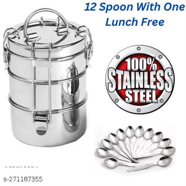 Stainless Steel 3 Layer Lunch Box with 12 Pcs Spoons (Silver, Set of 2)