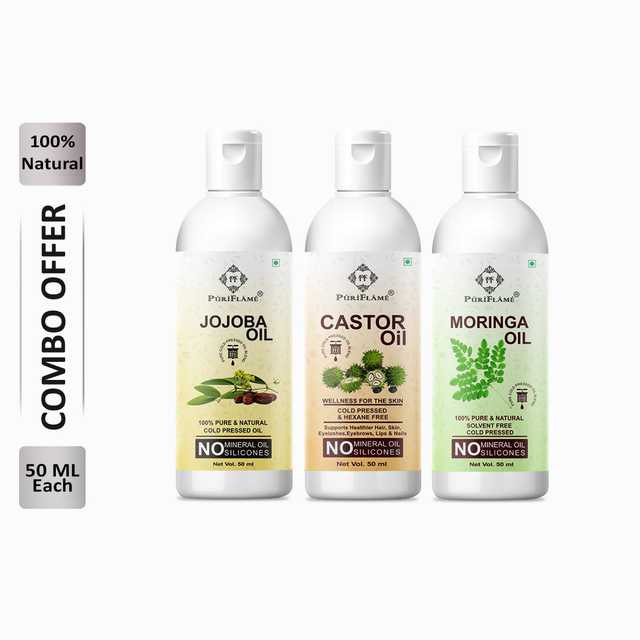 Puriflame Pure Jojoba Oil (50 ml), Castor Oil (50 ml) & Moringa Oil (50 ml) Combo for Rapid Hair Growth (Pack of 3) (B-11442)