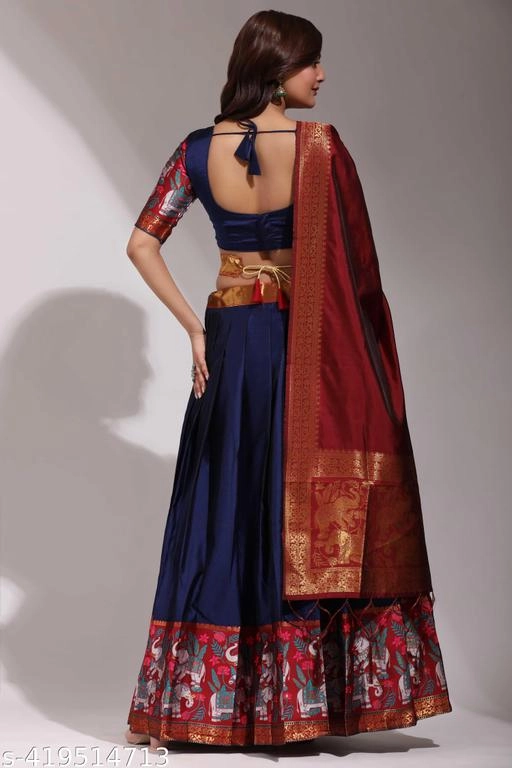 Art Silk Zari Semi Stitched Lehenga with Choli & Dupatta for Women (Navy Blue)