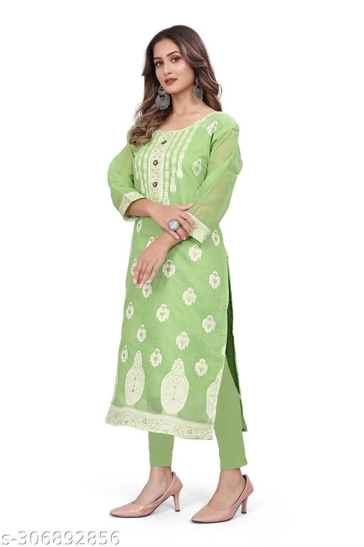 Cotton Embroidered Kurti for Women (Green, L)