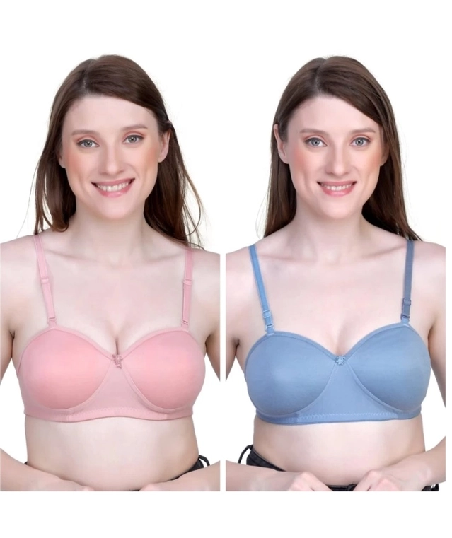 Cotton Blend Solid Padded Bra for Women (Blue & Pink, 30)