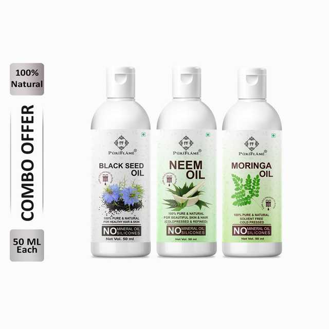 Puriflame Pure Black Seed Oil (50 ml), Neem Oil (50 ml) & Moringa Oil (50 ml) Combo for Rapid Hair Growth (Pack Of 3) (B-9709)