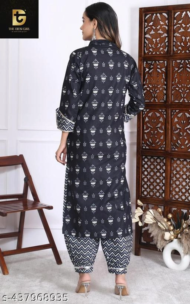 Cotton Printed Kurti with Pant for Women (Navy Blue, S)