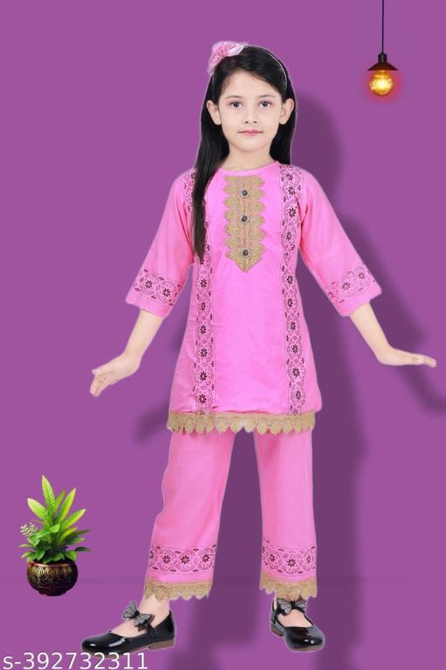 Rayon Printed Kurta with Pant for Girls (Pink, 4-5 Years)