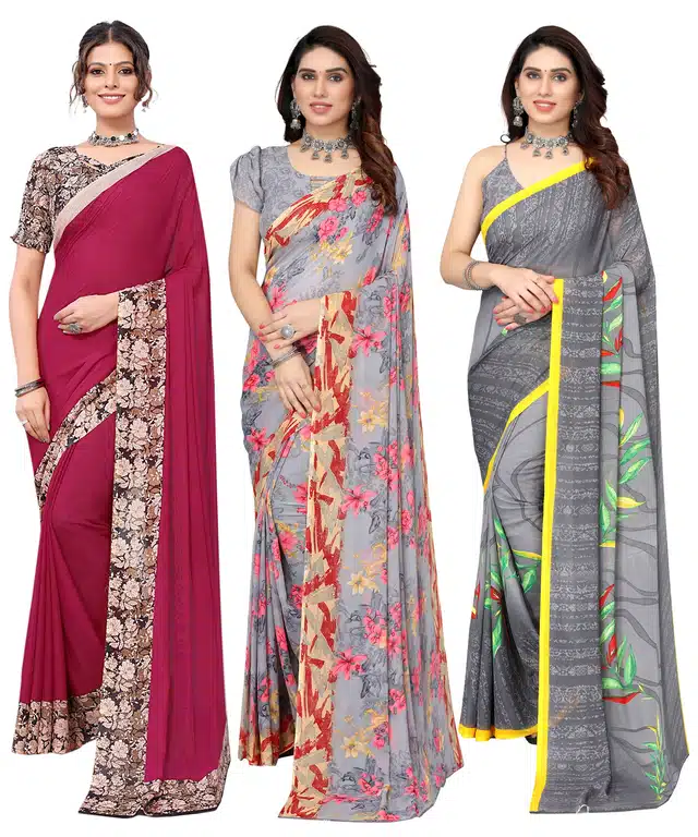 Women's Designer Floral Printed Saree with Blouse Piece (Pack of 3) (Multicolor) (SD-68)
