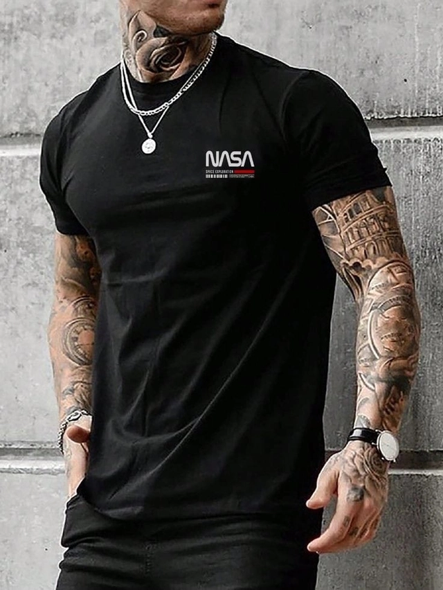 Round Neck Printed T-Shirt for Men (Black , S)