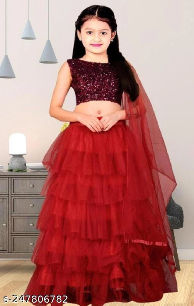 Net Solid Lehenga Choli with Dupatta for Girls (Maroon, 1-2 Years)