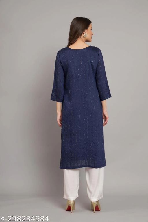 Cotton Embellished Kurti for Women (Navy Blue, M)