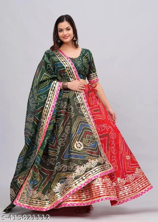 Kota Doriya Bandhani Semi Stitched Lehenga with Choli & Dupatta for Women (Green & Red)