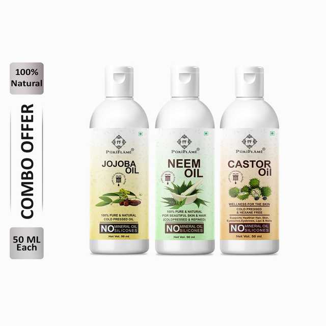 Puriflame Pure Jojoba Oil (50 ml), Neem Oil (50 ml) & Castor Oil (50 ml) Combo for Rapid Hair Growth (Pack of 3) (B-11540)