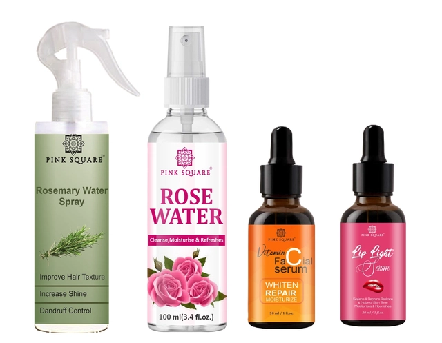 Combo of Pink Square Rosemary Water Hair Spray (100 ml) with Rose Water (100 ml), Vitamin C Face Serum (30 ml) & Lip Serum (30 ml) (Set of 4)