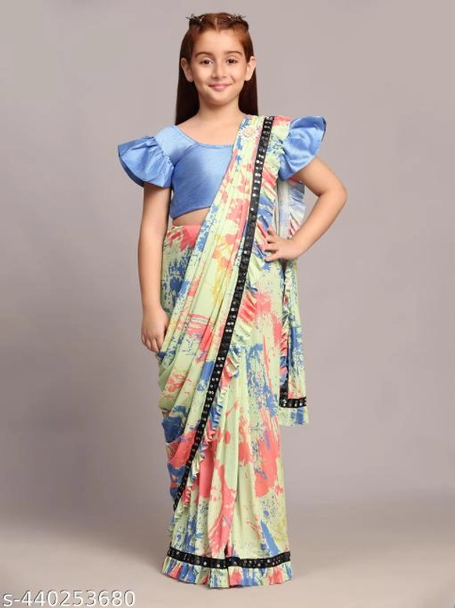 Printed Fancy Saree for Girls with Blouse (Multicolor, 3-4 Years)