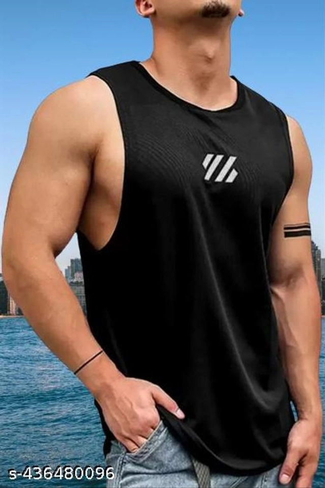 Polyester Gym Vests for Men (Black, S)