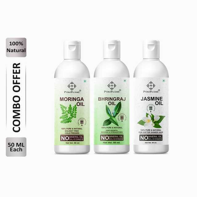 PuriFlame Pure Moringa Oil (50 ml) & Bhringraj Oil (50 ml) & Jasmine Oil (50 ml) Combo For Rapid Hair Growth (Pack Of 3) (B-11713)
