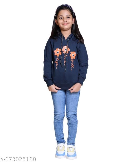 Woolen Printed Hoodie for Girls (Navy blue, 3-4 Years)