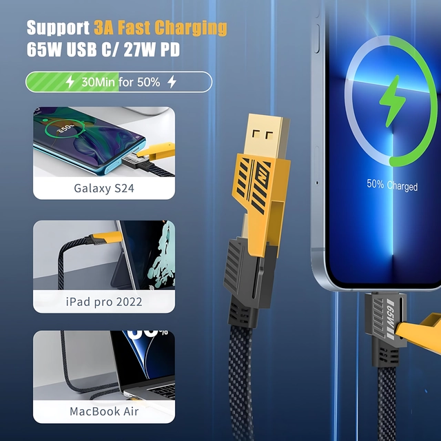 4 in 1 Metal Flat Braided Charging Cable (Black, 60 W)