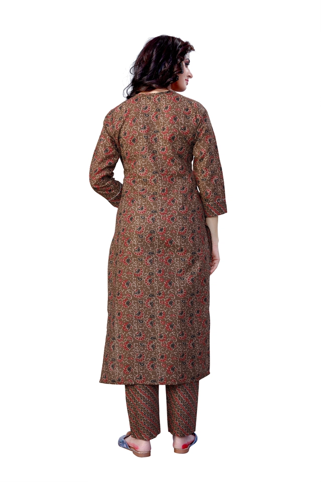 Cotton Blend Solid Kurta with Bottomwear for Women (Brown, S)