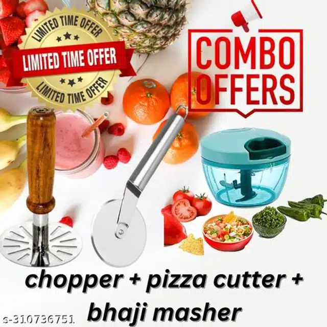 Manual Vegetable Chopper with Masher & Pizza Cutter (Multicolor, Set of 3)