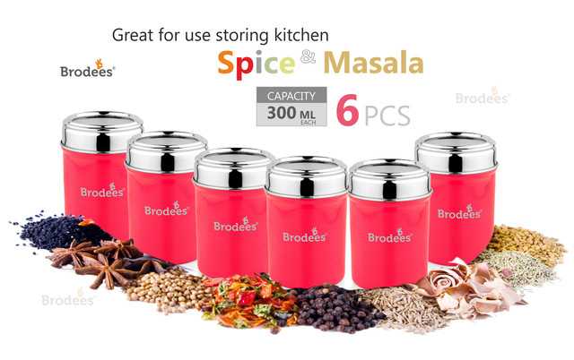 Stainless Steel Top See Thru Spice Container Steel Utility Container (300 ml) (Pack of 6, Red) (A-44)