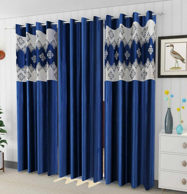 Polyester Room Darkening Printed Door Curtains (Blue, 7 Feet) (Set of 3)