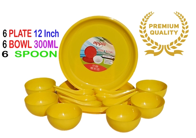 Plastic Microwave Safe 6 Pcs Plates with 6 Pcs Spoon & 6 Pcs Bowls (Yellow, Set of 18)