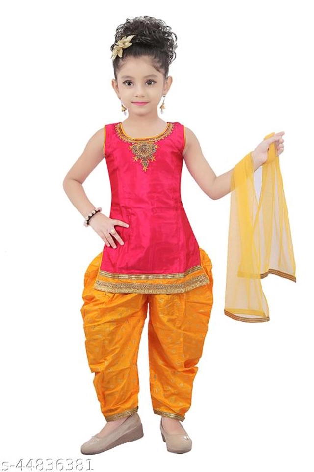 Silk Blend Kurta Sets for Girls (Red & Yellow, 12-18 Months)